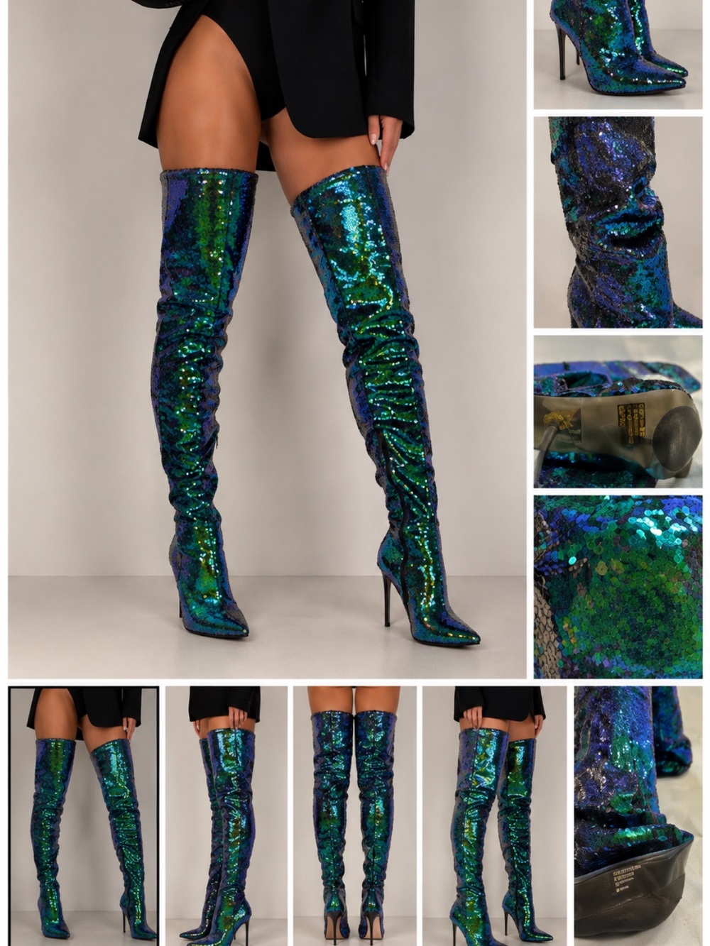 Pleaser Stiletto Blue and Green Sequin Slouch Thigh High Boots Size 10